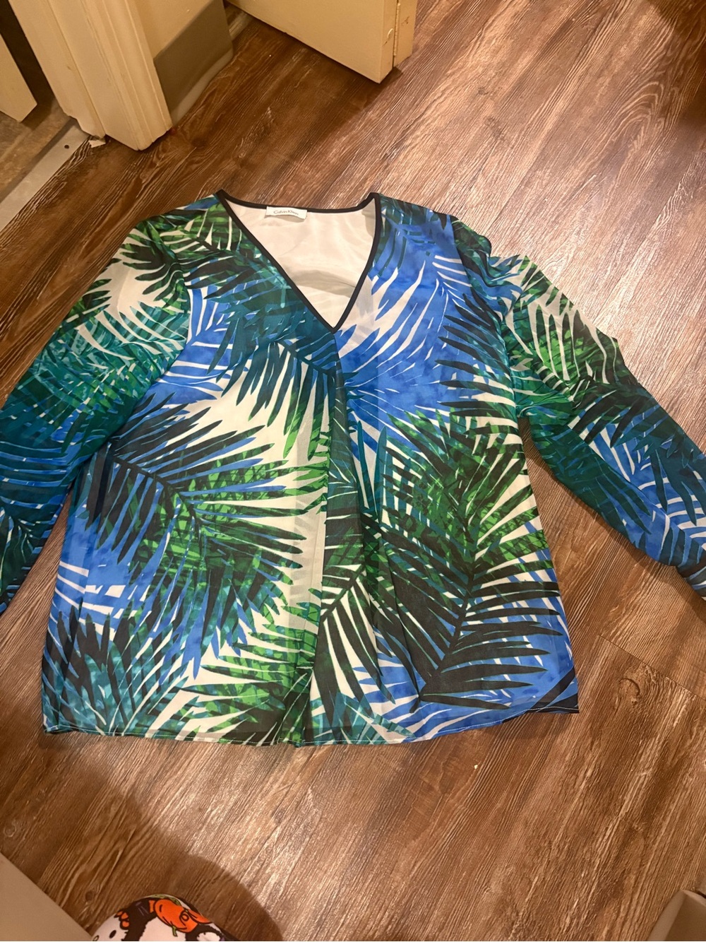 Calvin Klein Green and Blue Tropical V-Neck Blouse